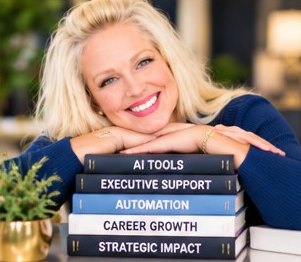 Kelly resting on a stack of books titled AI Tools, Executive Support, Automation, Career Growth and Strategic Impact