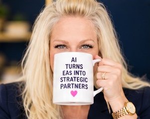 Kelly holding a mug that reads AI turns EAs into strategic partners