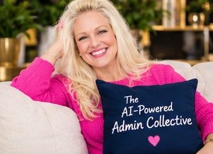 Kelly on a sofa holding a pillow embroidered The AI-Powered Admin Collective