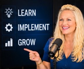 Kelly at the mic beside a screen reading Learn, Implement, Grow
