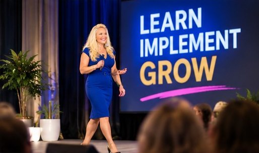 Kelly walking the stage beside a large screen reading Learn, Implement, Grow